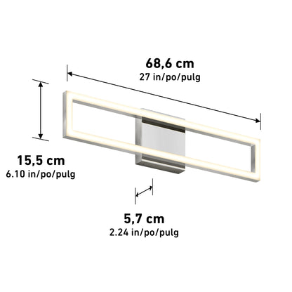 The Dover modern LED bathroom vanity light 5 CCT by Artika-CAN-dev features a rectangular, open-frame design, measuring 68.6 cm wide, 15.5 cm tall, and 5.7 cm deep with both metric and imperial dimensions shown.