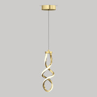 The Artika Mini Swirl LED pendant light features a twisted, ribbon-like gold design suspended from a thin cord and circular ceiling mount, shown against a plain gray background.