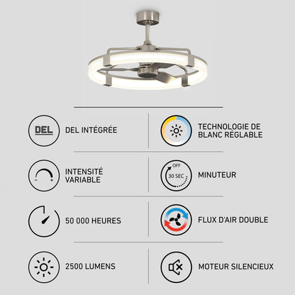 Artika Sunnyvale 28 in. (71 cm) LED modern fandelier ceiling fan with a circular light, six icons, and French text describing its features.