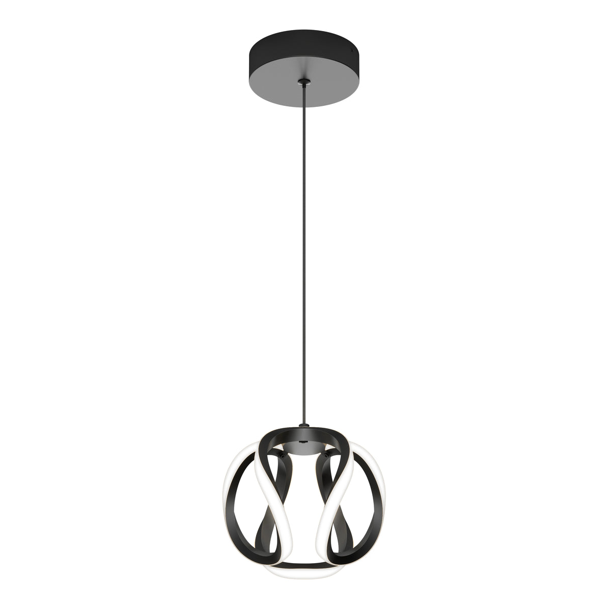 Modern pendant light with a circular black ceiling mount, a long black cord, and a spherical lamp featuring intertwined black and white curved ribbons, creating a contemporary and artistic design.