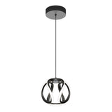 Modern pendant light with a circular black ceiling mount, a long black cord, and a spherical lamp featuring intertwined black and white curved ribbons, creating a contemporary and artistic design.