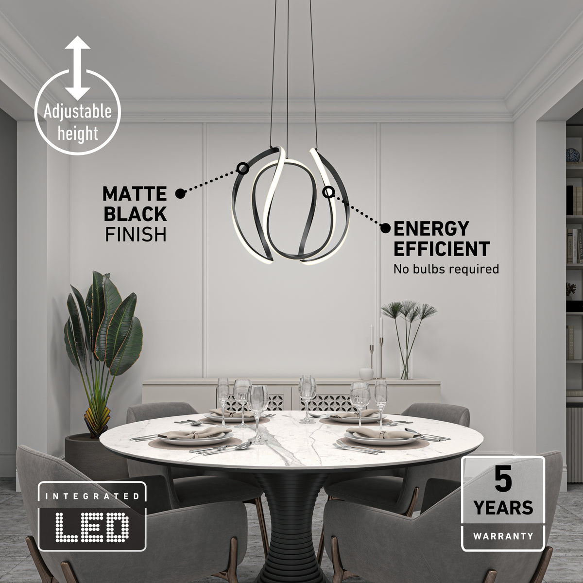 Modern dining room with a round table and four chairs under the Artika Vivaldi Big LED pendant light 5 CCT—featuring adjustable height, energy efficiency, integrated LED, and a 5-year warranty.
