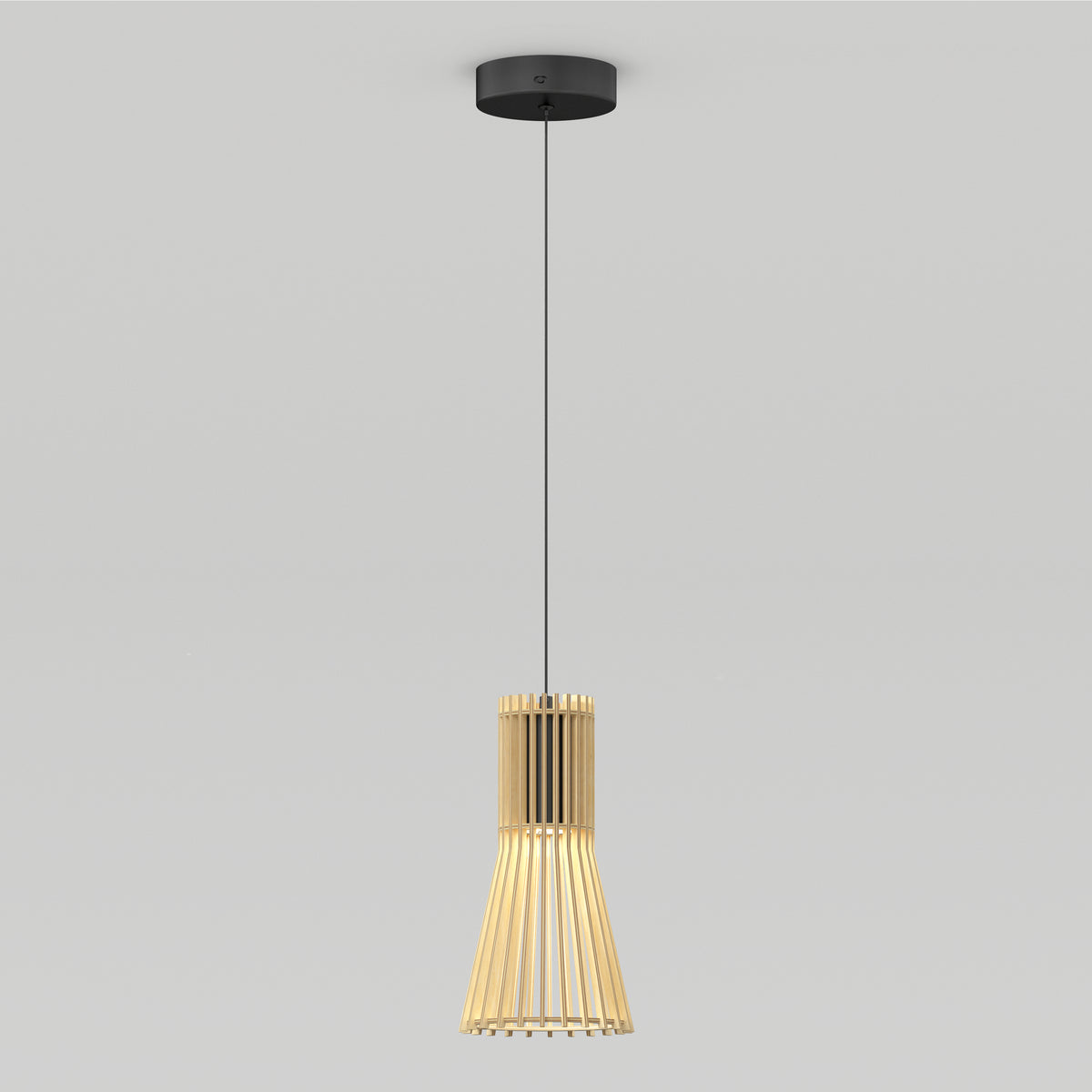 A modern pendant light with a cylindrical wooden slat shade, suspended from the ceiling by a thin black cord and a round black ceiling mount, against a plain white background.