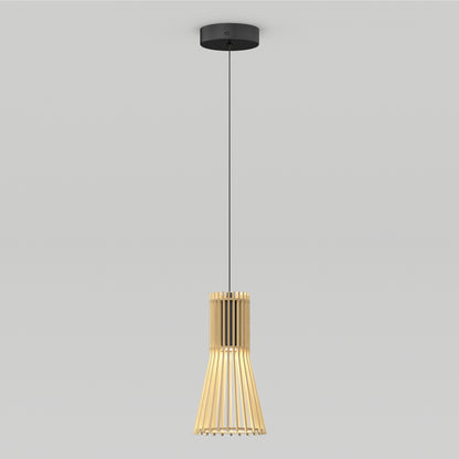 The Artika Kiyo modern LED pendant features a black ceiling mount, slim black cord, and a flared conical shade made of vertical wooden slats. It offers 3 CCT options and emits a warm glow for stylish, customizable lighting.