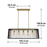 Rectangular black and gold chandelier with five exposed bulbs. Dimensions: 45.7 cm high, 101.2 cm wide, and hangs 160.8 cm from the ceiling. Measurements are also shown in inches.