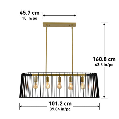 The Artika Gatsby pendant light is a rectangular black and gold chandelier with five exposed bulbs, measuring 45.7 cm wide, 101.2 cm long, and 160.8 cm high. It hangs from two gold rods and a rectangular ceiling mount.