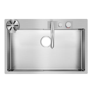 Top view of the Artika Neoflow single bowl 31 in. stainless steel workstation sink, featuring a curved pull-down faucet, round center drain, and two round control knobs on the upper right for a sleek, minimalistic design.