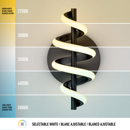 The Artika Chorus LED Wall Light appears on a gradient background, displaying five color temperatures from warm white (2700K) to cool white (5000K), with labels in English, French, and Spanish.
