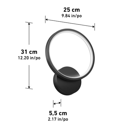 The Artika Solis modern LED indoor-outdoor wall light 5 CCT features a circular design with a black base and rim, measuring 31 cm (12.2 in) high, 25 cm (9.8 in) diameter, and 5.5 cm (2.2 in) deep, with measurements shown in both units.