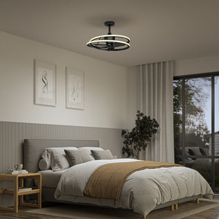 Modern bedroom with a neatly made bed, abstract wall art, and an Artika Coda 23 in. LED ceiling fan with remote above large windows.