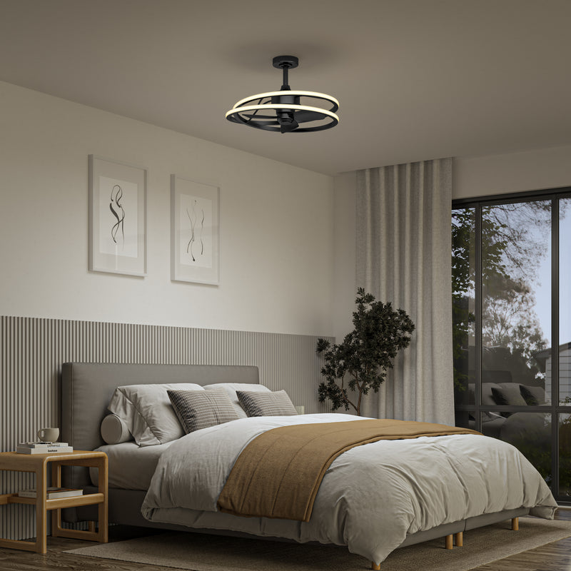 Modern bedroom with a neatly made bed, abstract wall art, and an Artika Coda 23 in. LED ceiling fan with remote above large windows.