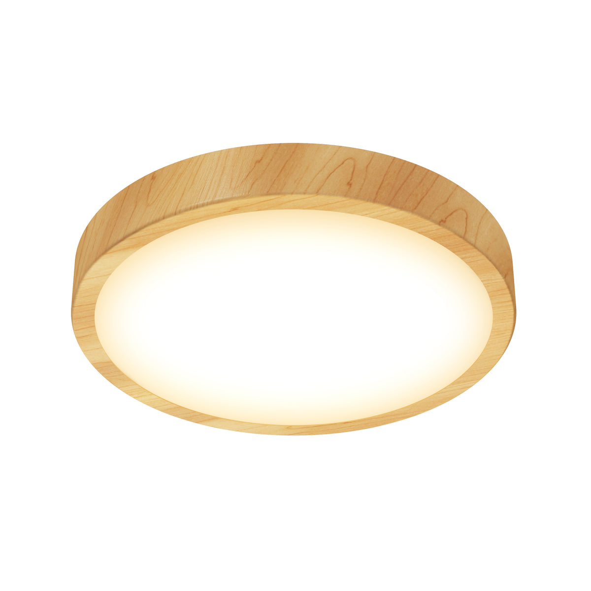 A round ceiling light with a wooden frame and a glowing white center, photographed against a white background.