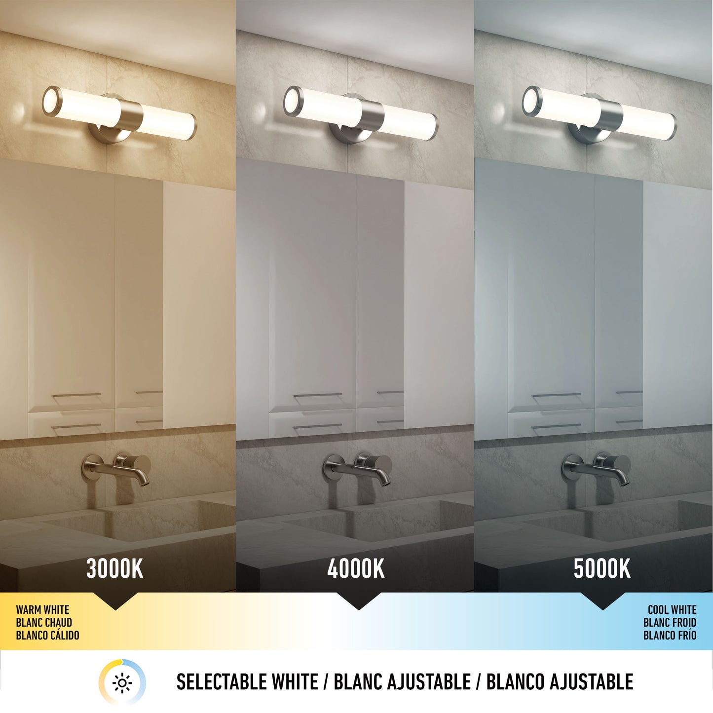 The Adina modern bathroom vanity light 3 CCT by Artika is shown above a mirror in three color temperatures: warm white (3000K), neutral white (4000K), and cool white (5000K), with a color temperature guide at the bottom.