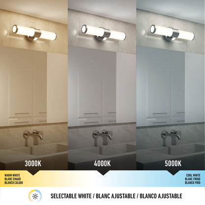 The Adina modern bathroom vanity light 3 CCT by Artika is shown above a mirror in three color temperatures: warm white (3000K), neutral white (4000K), and cool white (5000K), with a color temperature guide at the bottom.