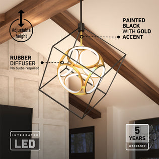 The Artika Luxury LED pendant light features a modern geometric black cube frame with gold accents, integrated LED, rubber diffuser, adjustable height, and comes with a 5-year warranty—perfect for ceilings with exposed wooden beams.