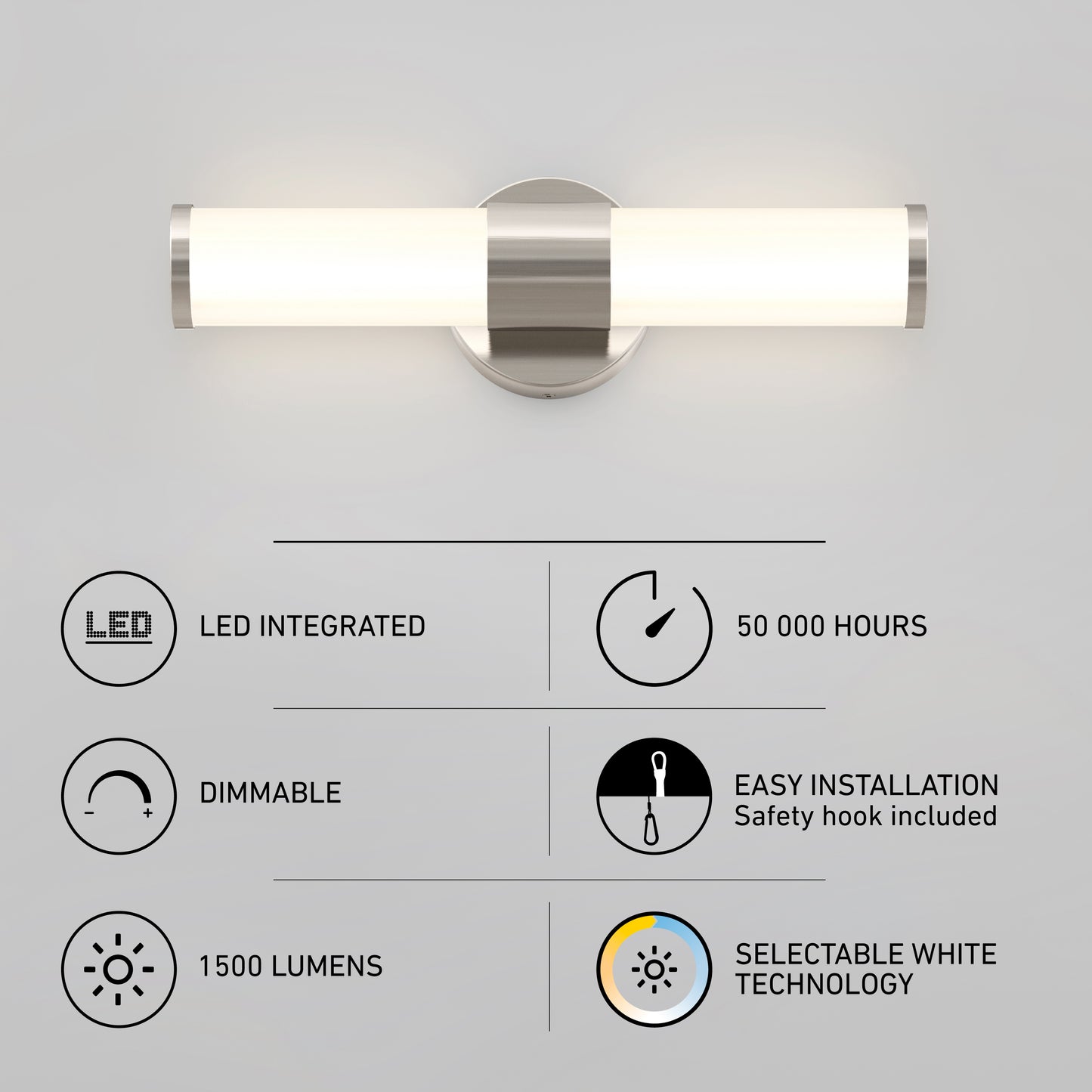 The Artika Adina modern bathroom vanity light 3 CCT is a wall-mounted LED fixture with selectable white technology, 50,000-hour lifespan, dimmable function, easy installation, and delivers 1500 lumens.