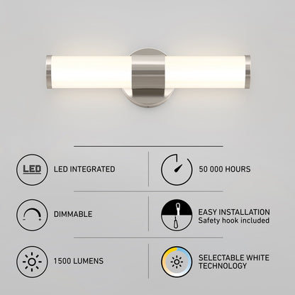 The Artika Adina modern bathroom vanity light 3 CCT is a wall-mounted LED fixture with selectable white technology, 50,000-hour lifespan, dimmable function, easy installation, and delivers 1500 lumens.