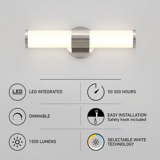 The Artika Adina modern bathroom vanity light 3 CCT is dimmable, offers 1500 lumens, and lasts 50,000 hours—perfect for mirrors.