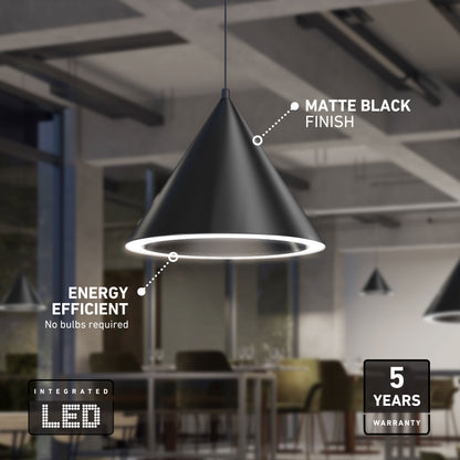 Artika Denali modern LED pendant light, 3 CCT, matte black—energy efficient, perfect for kitchen islands, includes 5-year warranty.
