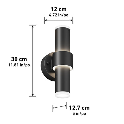 The Artika Dani modern LED indoor-outdoor wall light 5 CCT is a black cylindrical fixture shown with height 30 cm (11.81 in), depth 12.7 cm (5 in), width 12 cm (4.72 in), and is mounted on a round base.