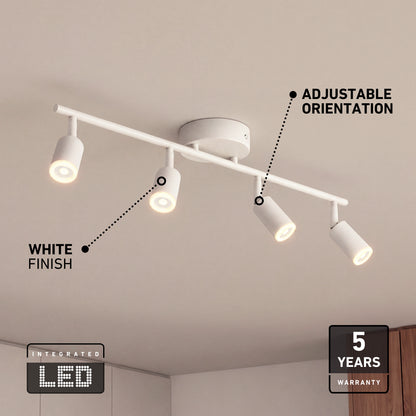 Artika Asher 32″ 4-Light LED Track Light (3CCT), labeled features, four adjustable heads, and a 5-year warranty badge shown.