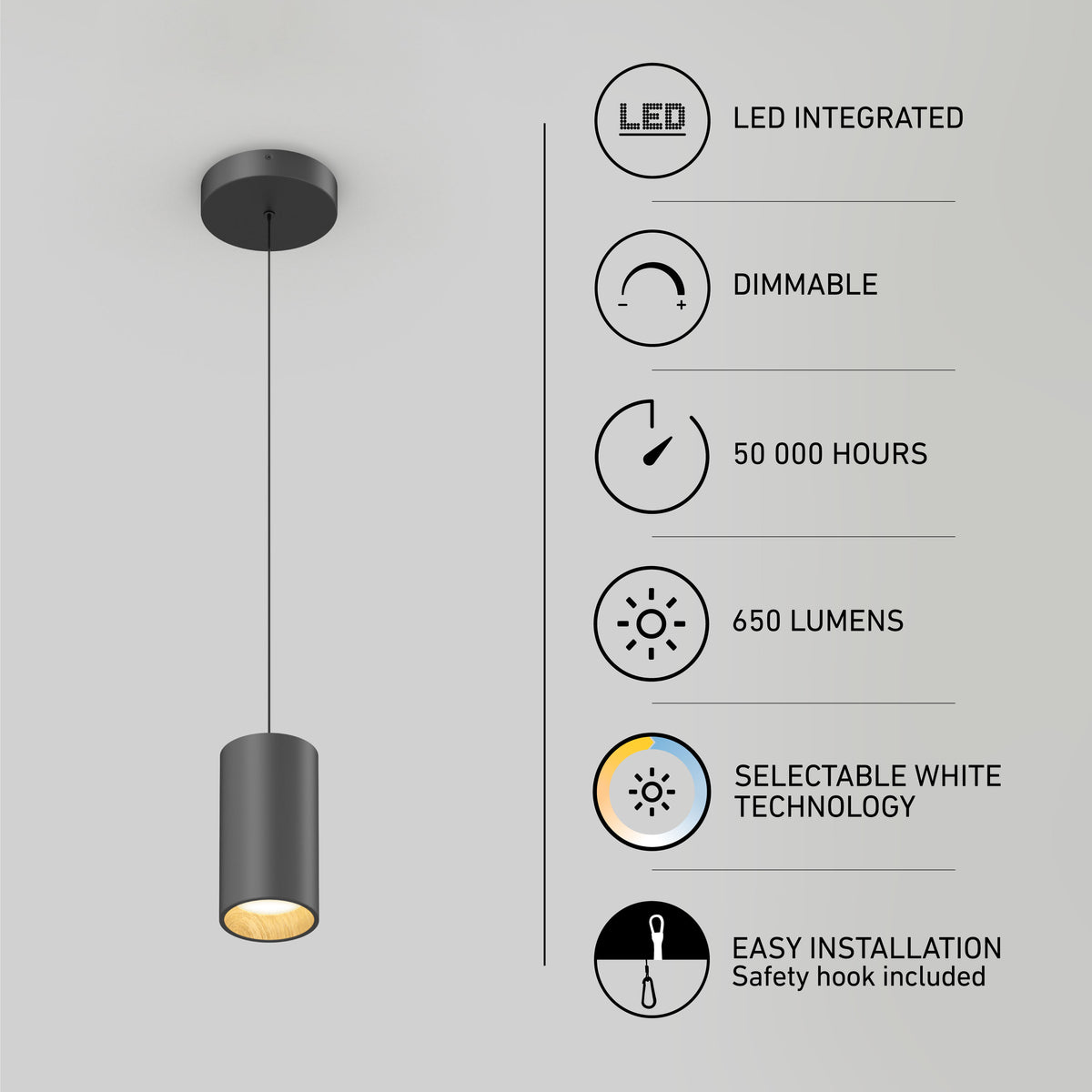 The Artika Alton mini LED pendant light 5 CCT hangs from the ceiling, offering integrated dimmable LEDs, selectable white technology, 650 lumens, a 50,000-hour lifespan, and easy installation with a safety hook.