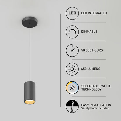 The Artika Alton mini LED pendant light 5 CCT hangs from the ceiling, offering integrated dimmable LEDs, selectable white technology, 650 lumens, a 50,000-hour lifespan, and easy installation with a safety hook.