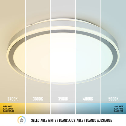 The Artika Altitude 15 in. LED modern flush mount light displays five color temperatures, from warm white (2700K) to cool white (5000K), with each section labeled by its Kelvin value and description.