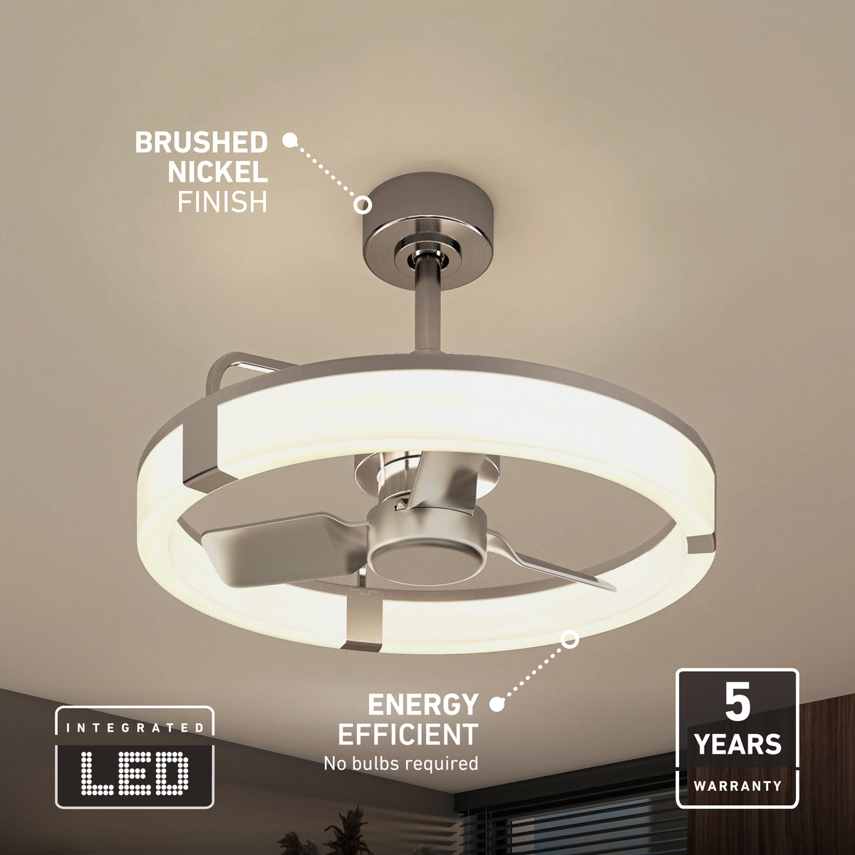 Artika Sunnyvale 23 in. LED fandelier ceiling fan with light and remote—stylish, modern design; brushed nickel finish.