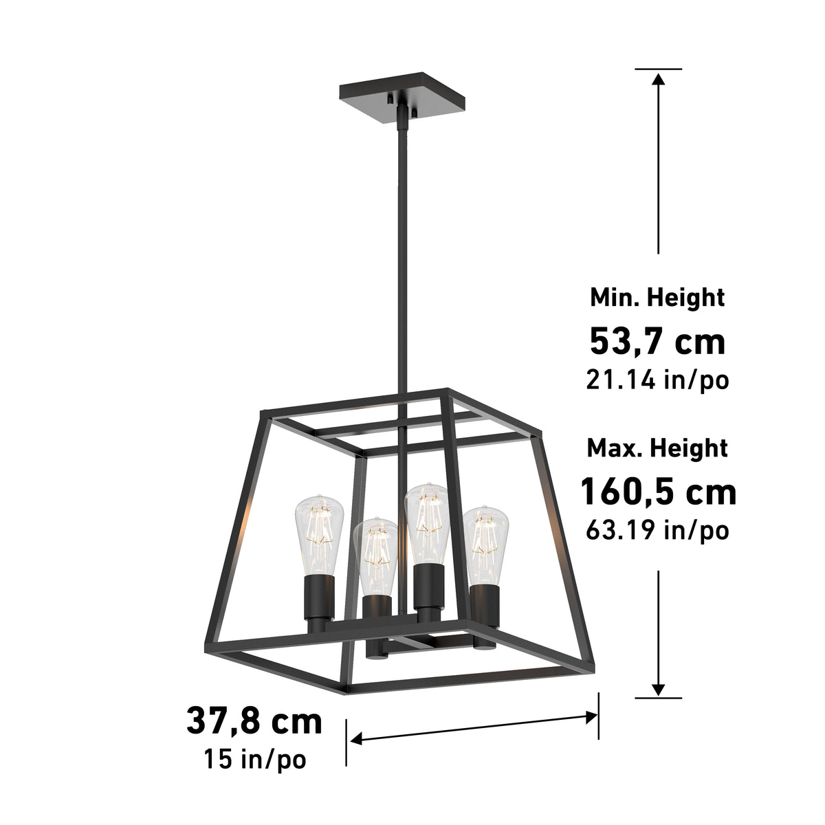 A black geometric pendant light fixture with four exposed bulbs. The height is adjustable from 53.7 cm (21.14 in) to 160.5 cm (63.19 in). The square base measures 37.8 cm (15 in) per side.