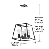 A black geometric pendant light fixture with four exposed bulbs. The height is adjustable from 53.7 cm (21.14 in) to 160.5 cm (63.19 in). The square base measures 37.8 cm (15 in) per side.