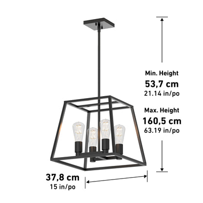 The Artika Carter Square 4-light Chandelier features a black geometric design with four exposed bulbs, measuring 37.8 cm (15 in) wide and an adjustable height from 53.7 cm (21.14 in) to 160.5 cm (63.19 in).