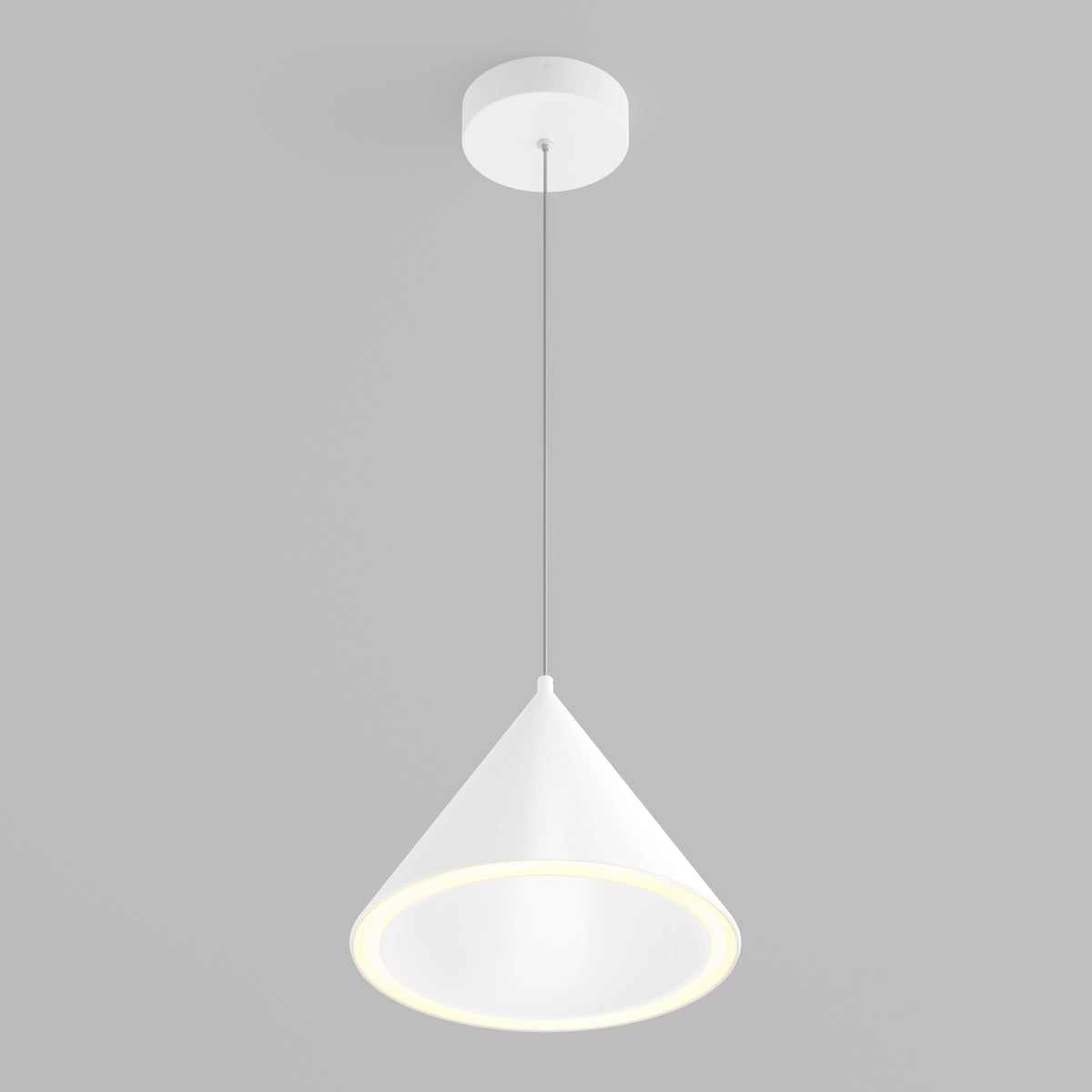 Artika Denali modern LED pendant light 3 CCT features a white cone shade and durable LED, set against a plain gray background.