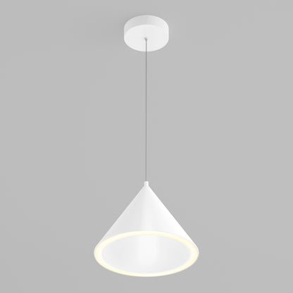 Artika Denali modern LED pendant light 3 CCT features a white cone shade and durable LED, set against a plain gray background.