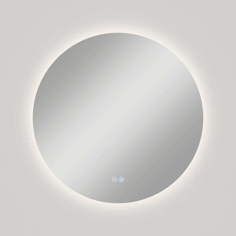The Artika Raya 24 in. LED mirror features a modern round design, 3 CCT lighting with a glowing edge, built-in defogger, and two touch controls at the bottom center, shown mounted on a plain light-colored wall.