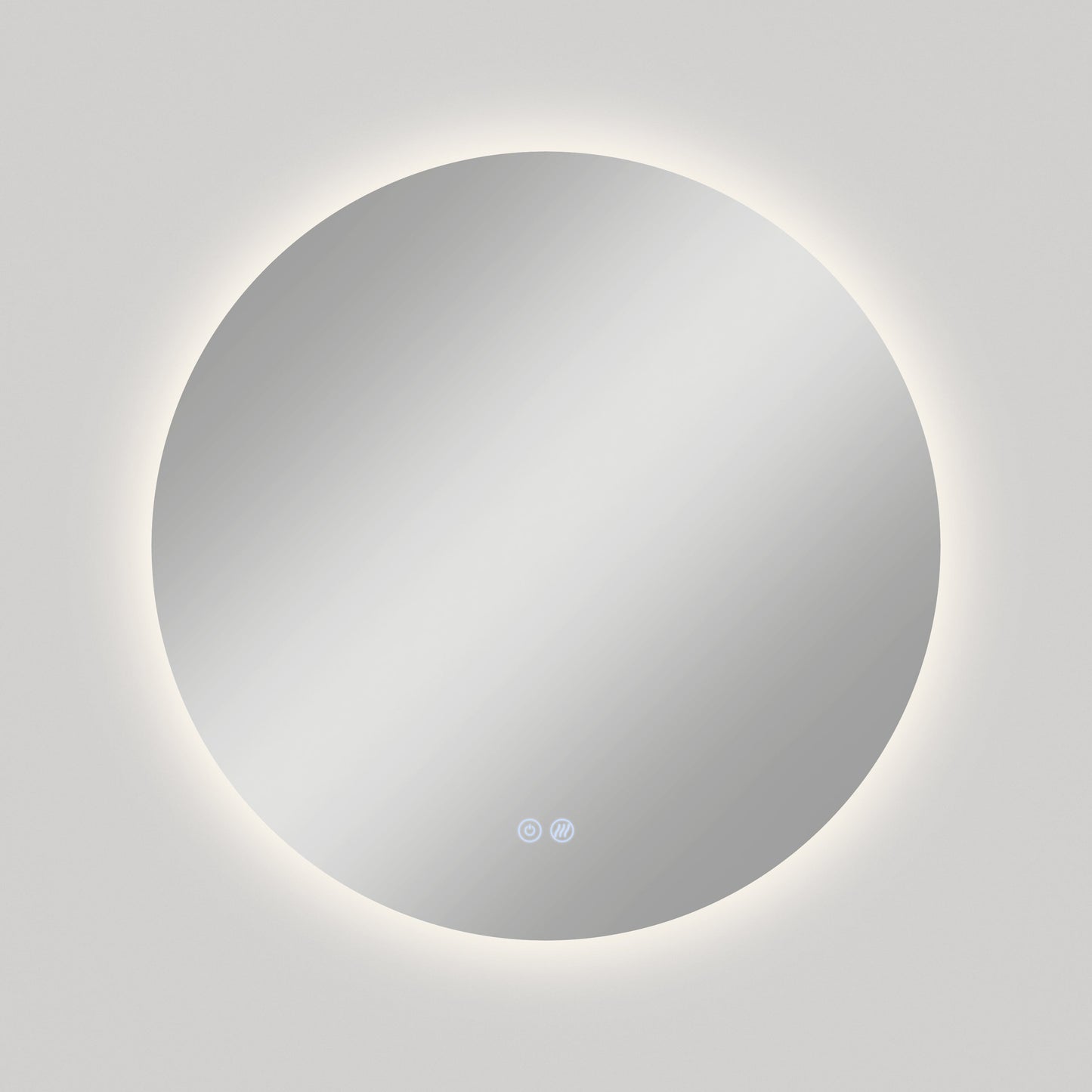 The Artika-CAN-dev Raya 24 in. LED mirror features a round, wall-mounted design with a halo-effect backlight, two touch controls at the bottom center, and a built-in defogger, pictured against a plain light gray wall.