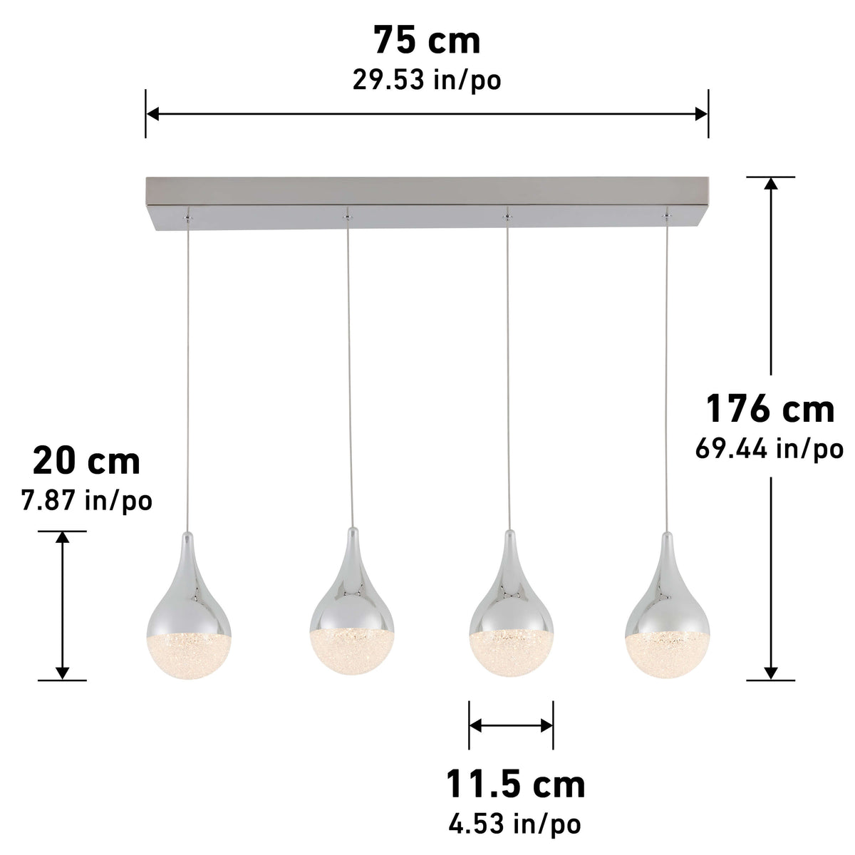 Rectangular chrome ceiling base with four hanging pendant lights, each shaped like a teardrop. Dimensions are marked for width, height, and distance between lights in both centimeters and inches.