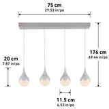 Rectangular chrome ceiling base with four hanging pendant lights, each shaped like a teardrop. Dimensions are marked for width, height, and distance between lights in both centimeters and inches.