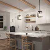 Modern kitchen with white cabinets, marble island, wooden stools, open shelves with decor items, pendant lights, built-in oven, gas stove, farmhouse sink, and wooden ceiling beams. Coffee mug on the island.