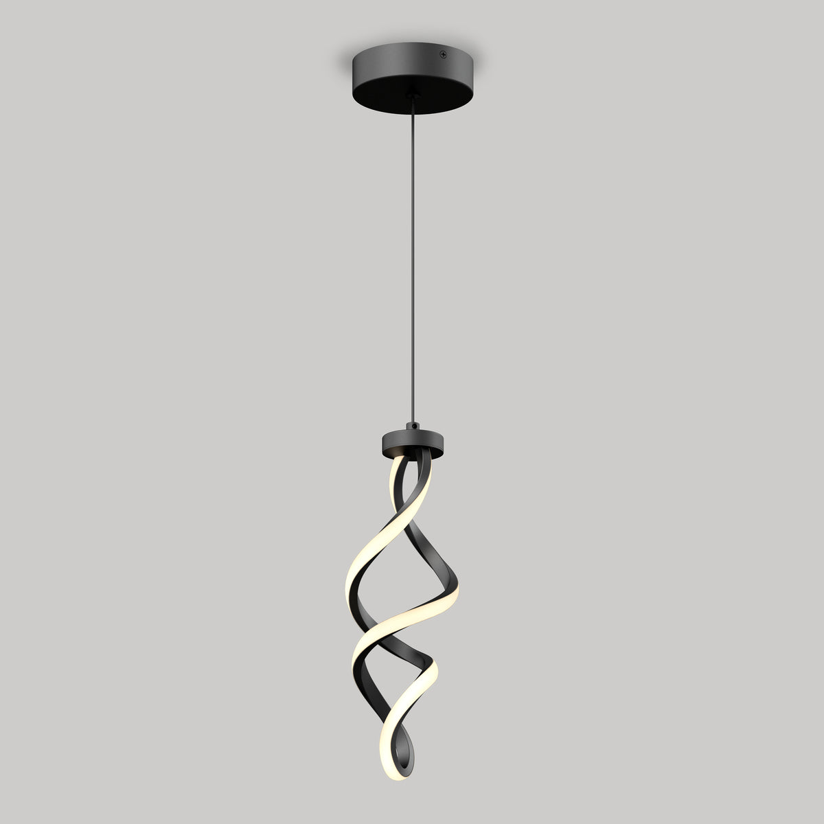 A modern pendant light fixture with a black circular ceiling mount and a twisted, ribbon-like LED light design hanging vertically against a plain gray background.