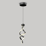 A modern pendant light fixture with a black circular ceiling mount and a twisted, ribbon-like LED light design hanging vertically against a plain gray background.