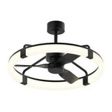 A modern ceiling fan with three black blades, surrounded by a circular LED light ring and mounted on a short downrod, against a white background.