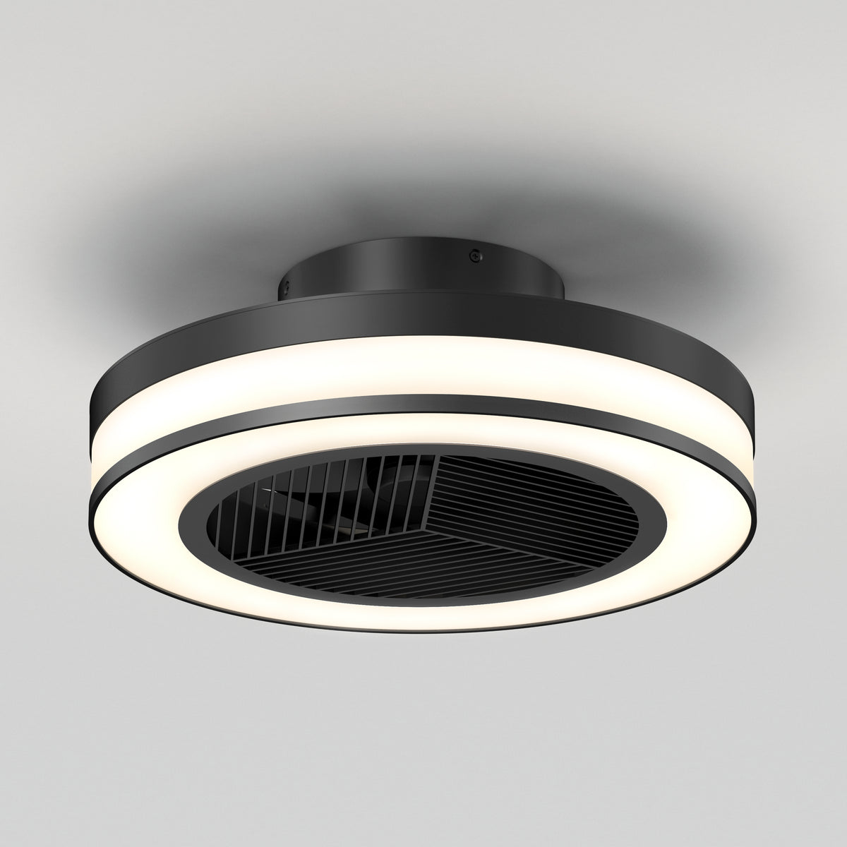 The Artika Elton 19.4 in. LED modern ceiling fan features a sleek, minimalist black design with horizontal blades enclosed in a circular frame, integrated LED light, 3 speeds, and includes a remote control—ideal for white ceilings.