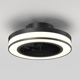 The Artika Elton 19.4 in. LED modern ceiling fan features a sleek, minimalist black design with horizontal blades enclosed in a circular frame, integrated LED light, 3 speeds, and includes a remote control—ideal for white ceilings.