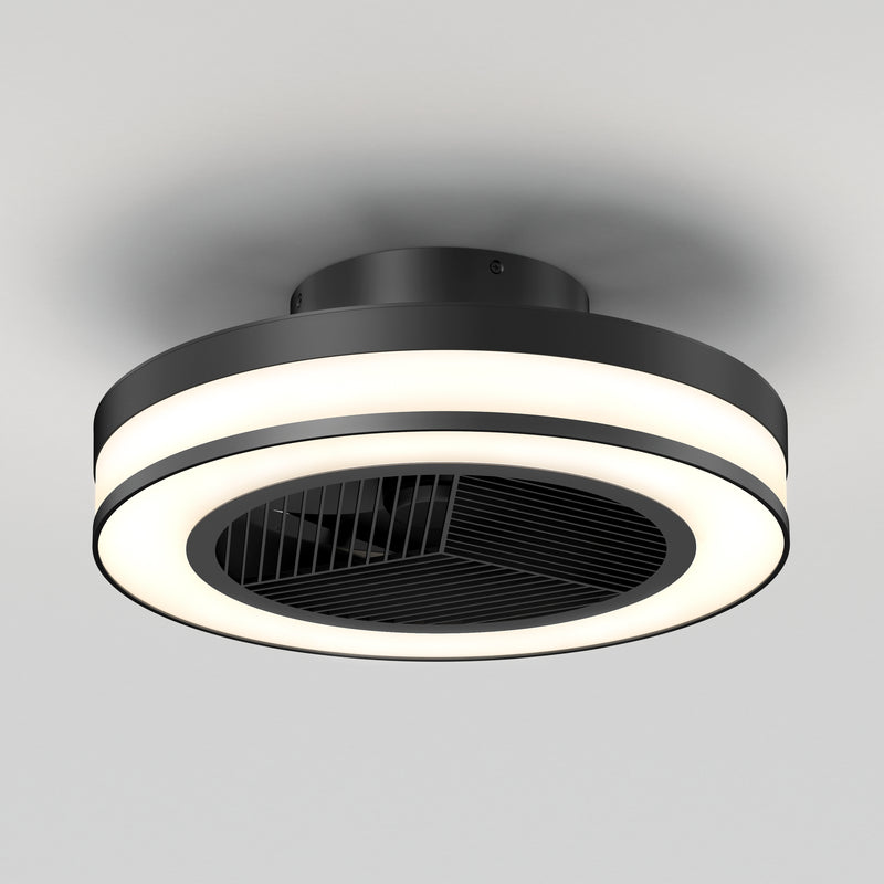 The Artika Elton 19.4 in. LED modern ceiling fan features a sleek, minimalist black design with horizontal blades enclosed in a circular frame, integrated LED light, 3 speeds, and includes a remote control—ideal for white ceilings.