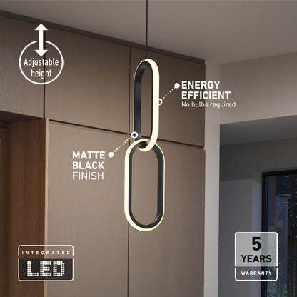 The Artika Catena LED pendant light features two interlocking oval LED rings, a matte black finish, adjustable height, energy efficiency, integrated LED tech, 5 CCT settings, and a 5-year warranty—perfect for modern kitchens.