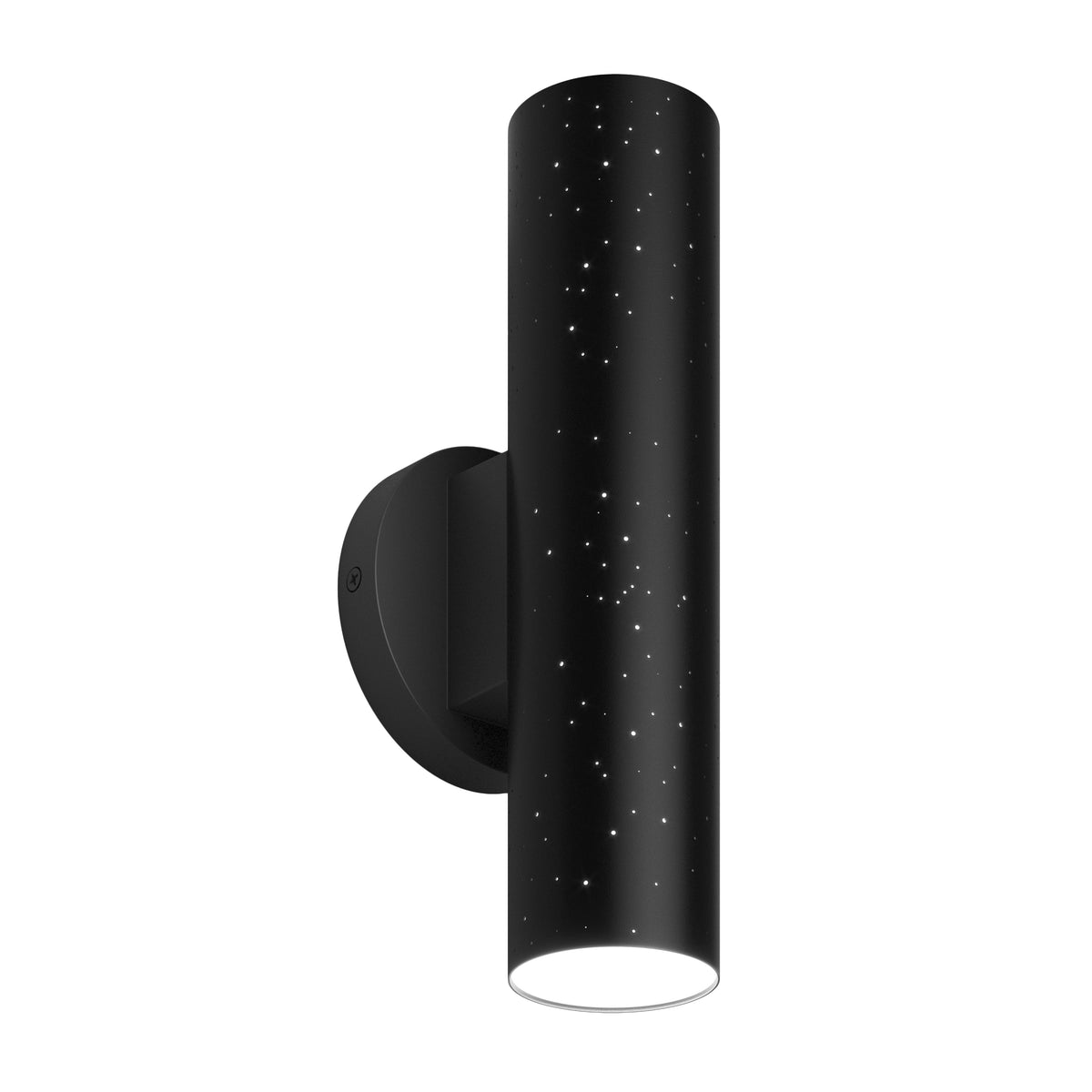 The Artika Cosmic indoor-outdoor LED wall light 3 CCT features a modern black cylindrical design with star-like perforations and a round black base, evoking the look of a starry night sky.