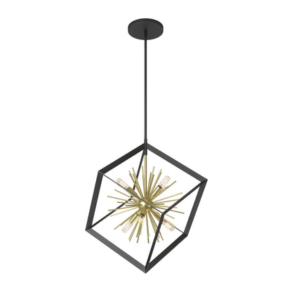 The Nebula 6-light pendant by Artika features a gold sputnik-style fixture within a black metal geometric cube, suspended from a black ceiling mount for a modern look.