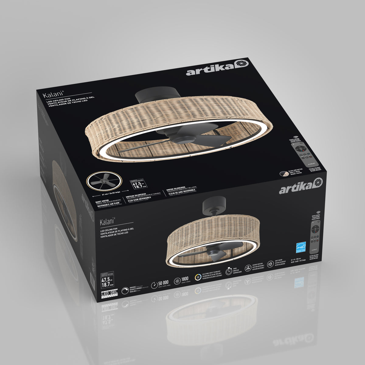 Artika Kalani ceiling fan box featuring an image of a modern, round, rattan-style fan with LED light, product details, and features on a black background.