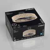 Artika Kalani ceiling fan box featuring an image of a modern, round, rattan-style fan with LED light, product details, and features on a black background.